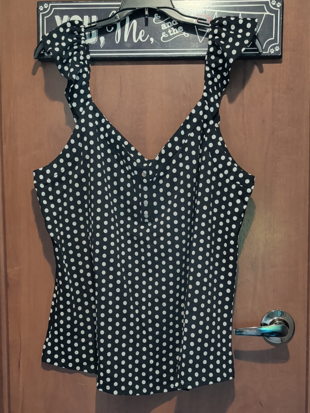 White House Black Market Black and White Polka Dot Ruffle Strap Tank